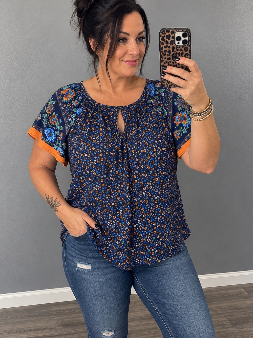 SHEIN Floral Boho Peasant Blouse Women’s XL Navy Blue Orange Short Sleeve